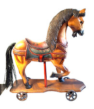 Vintage Hand Carved Wooden Pull Carousel Horse Toy 20 Folk Farmhouse