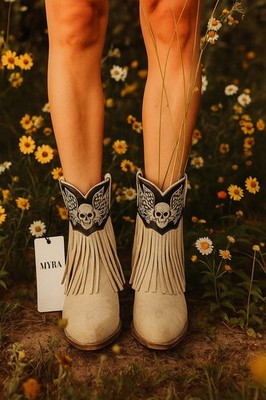 Myra cream Leather Cowgirl Boots W/fringe-Canyon Night Bird By Myra-size 7- NEW