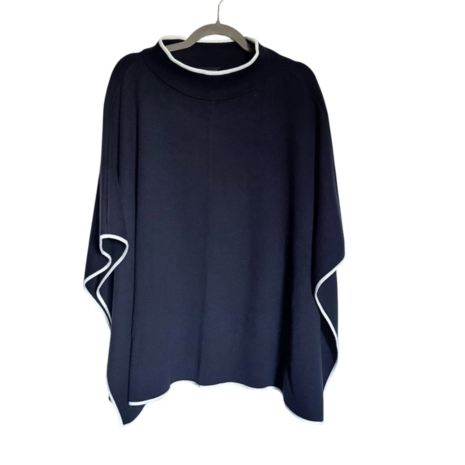 Talbots Knit Funnel Neck Poncho Size M/L Blue White Trim Classic