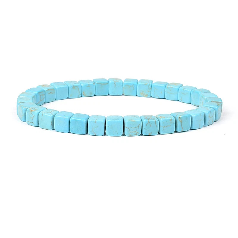 Blue Turquoise Stone Beaded Bracelet Men Cube Cylindrical Elastic Cord Jewelry - Image 2 of 4