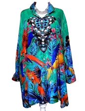 John Mark NWT Parrots Peacocks Artsy Boho Long Wire Collar Tunic Blouse Plus 3X