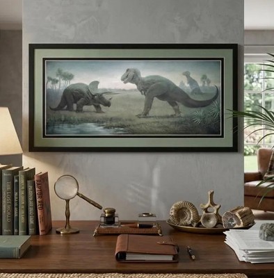Charles Knight T-Rex vs Triceratops Framed Art, Vintage Dinosaur
