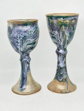 John Coburn Art Pottery Goblets Cups Drip Glaze Signed JRC Set Of 2 Read