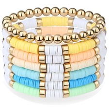 7pc Heishi Clay Bead Bracelets for Women Gold Plated Beaded Bohemian Stackable S