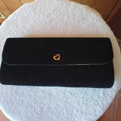 Victoria s Secret Black Velvet Clutch Purse Gold Heart Logo new