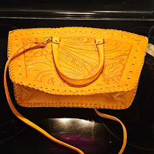 Tooled Floral Embossed Tan Zip Top Satchel Top Handle, Detachable Strap