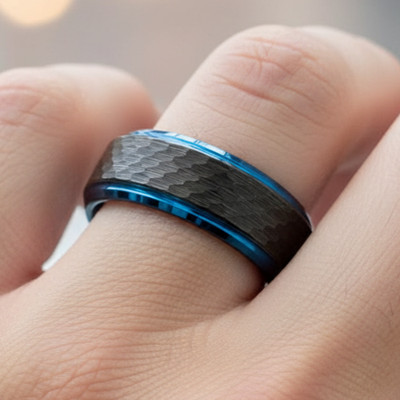 8mm Men s Black Tungsten Ring with Hammered Center and Blue Step Edges