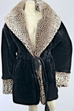 Vintage Black Faux Fur Shearling Coat Leopard Print Collar Cuffs Plush Size M