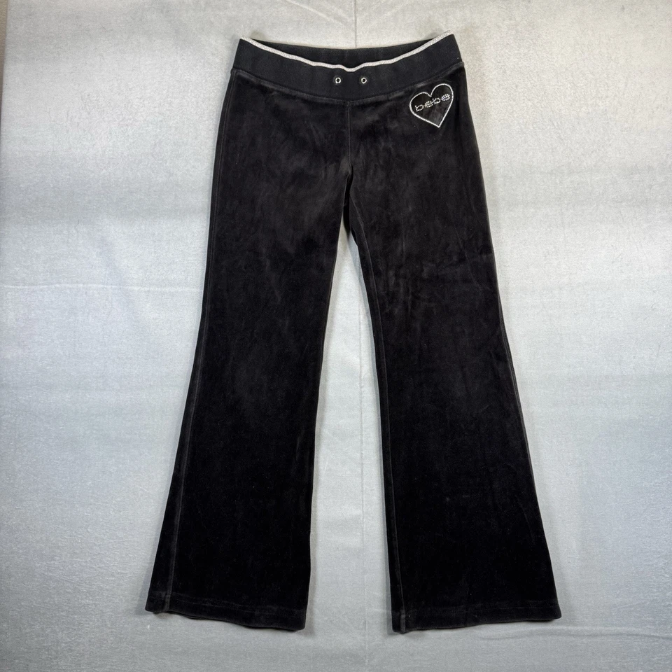 Vintage Bebe Track Pants Womens Extra Small Black Velour Rhinestone Logo Y2K - Image 2 of 4