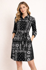 GAP Petite Plume Bandana Shirt Dress L (P) Black White Floral Cotton Pockets NWT