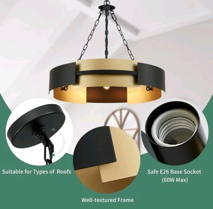 26-Inch Modern Chandelier Industrial Black and Gold Light Fixture Large Drum - Image 4 of 4