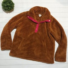 J Crew Brown Tan Cognac Pink Soft Plush Sherpa Snap Button Pullover Womens Small