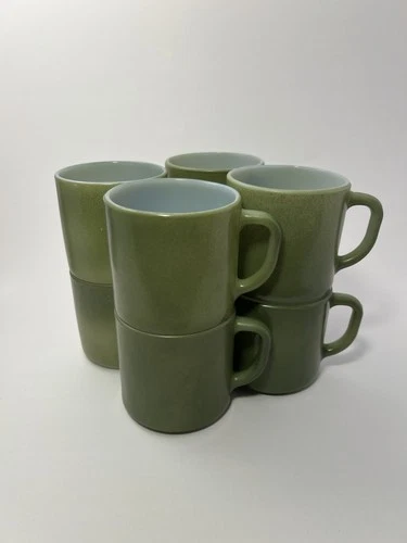 Vintage MCM, Avocado Green Federal Glass Mugs, Milk Glass, Set of 8