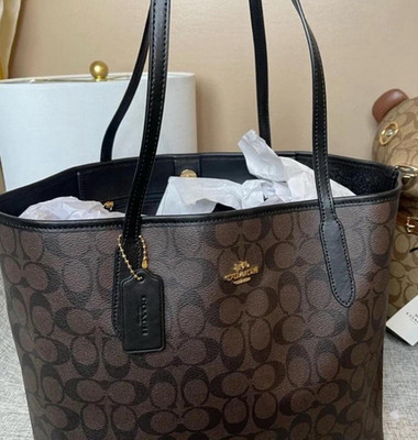 Coach Signature Logo Tote Brown/Black Shoulder Strap Designer Handbag