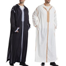 Men White Black Hooded Thobe Saudi Islamic Arab Muslim Eid Ramadan Jubbah Robe