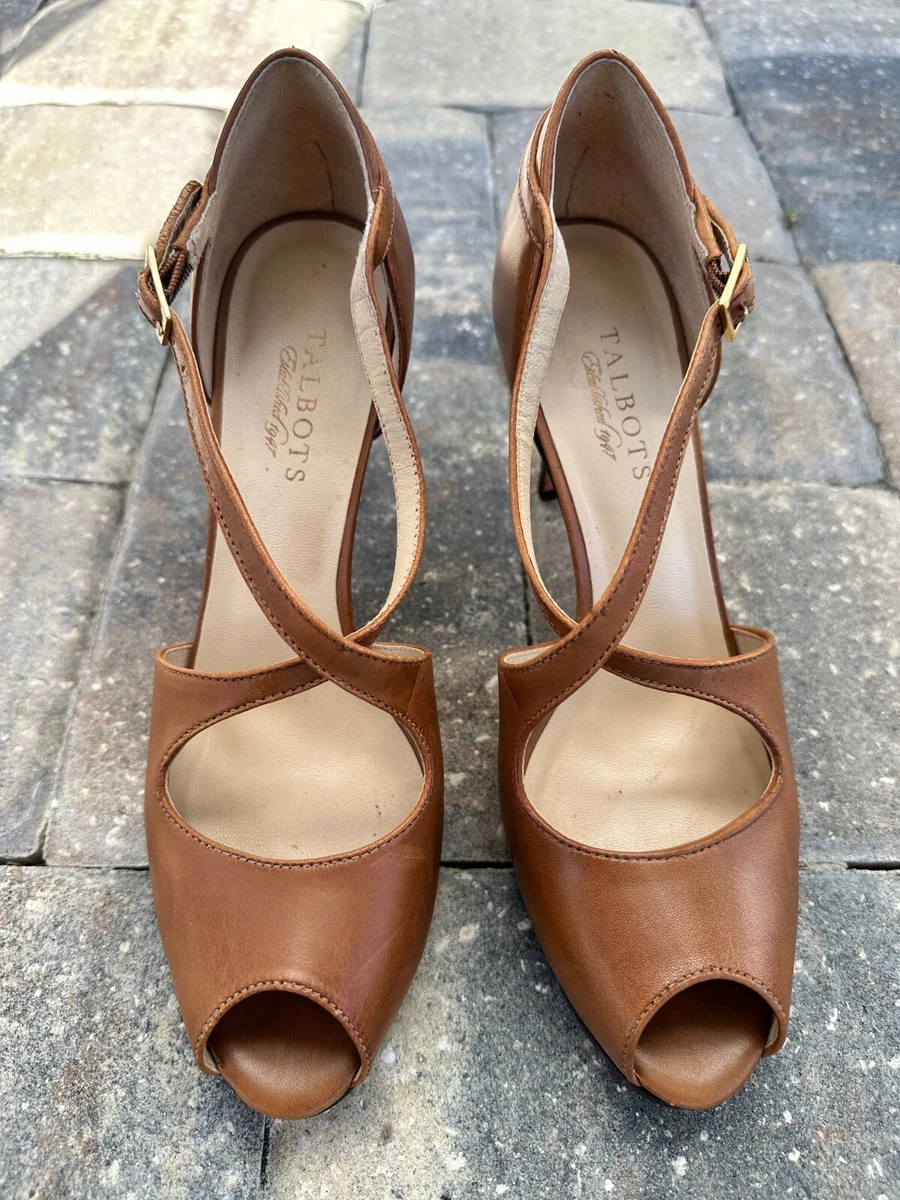 Talbots Women s Tan Leather Criss Cross Buckle Strappy Heel