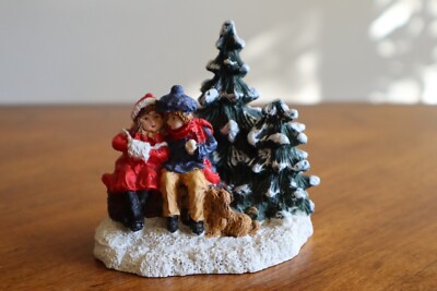 BROKEN* Mervyn's Christmas Village Square Boy Girl Sitting on Bench Dog Trees
