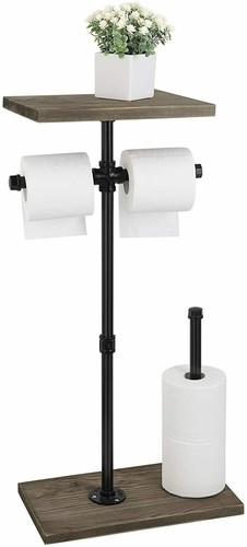 Freestanding Tissue Paper Holder Industrial Toilet Paper Stand with Wood Shelf