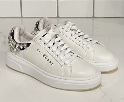 John Richmond Rhinestone Embellished Leather Fashion Sneaker White Size 36  New