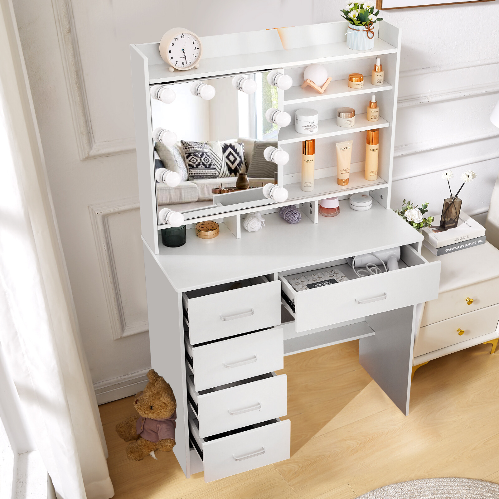 Vanity Table 10 LED Lights Makeup Dressing Desk Set 5 Drawers Bedroom Vanities