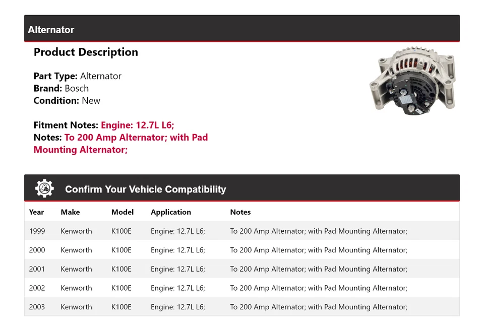 Alternador Bosch Kenworth K100E 12.7L L6 1999-2003 (novo) 2000 2001 2002 - Imagem 2 de 4
