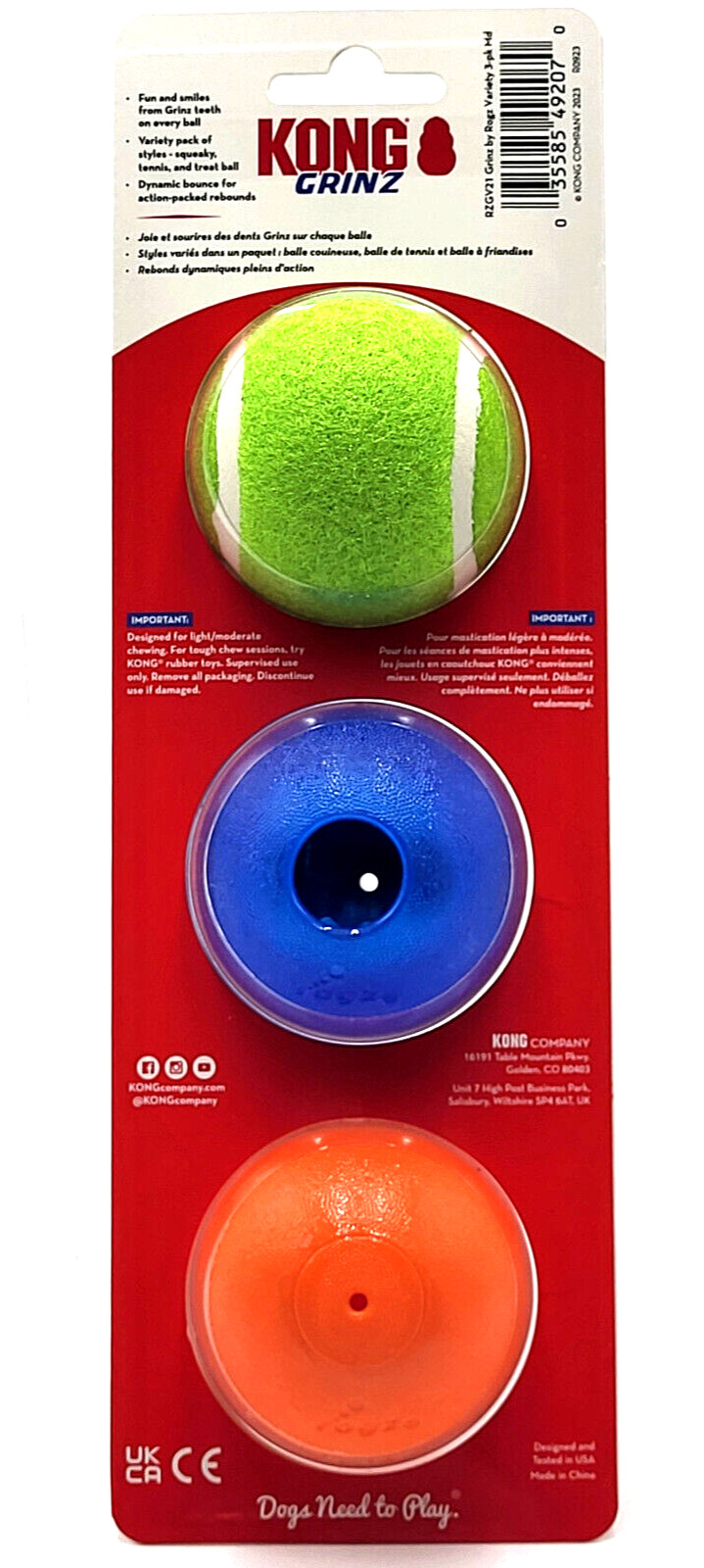 KONG Grinz Ball Variety (3) Pack Tennis, Treat & Squeaky Dog Fetch Toy 2.5"