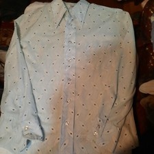 Vintage Manhattan U30 Large Tapered Collar Blue Print Button Down Shirt Size M