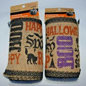 Lot-of-2-Halloween-Fall-Printed-Wrap-Burlap-Ribbon-9ft-Each