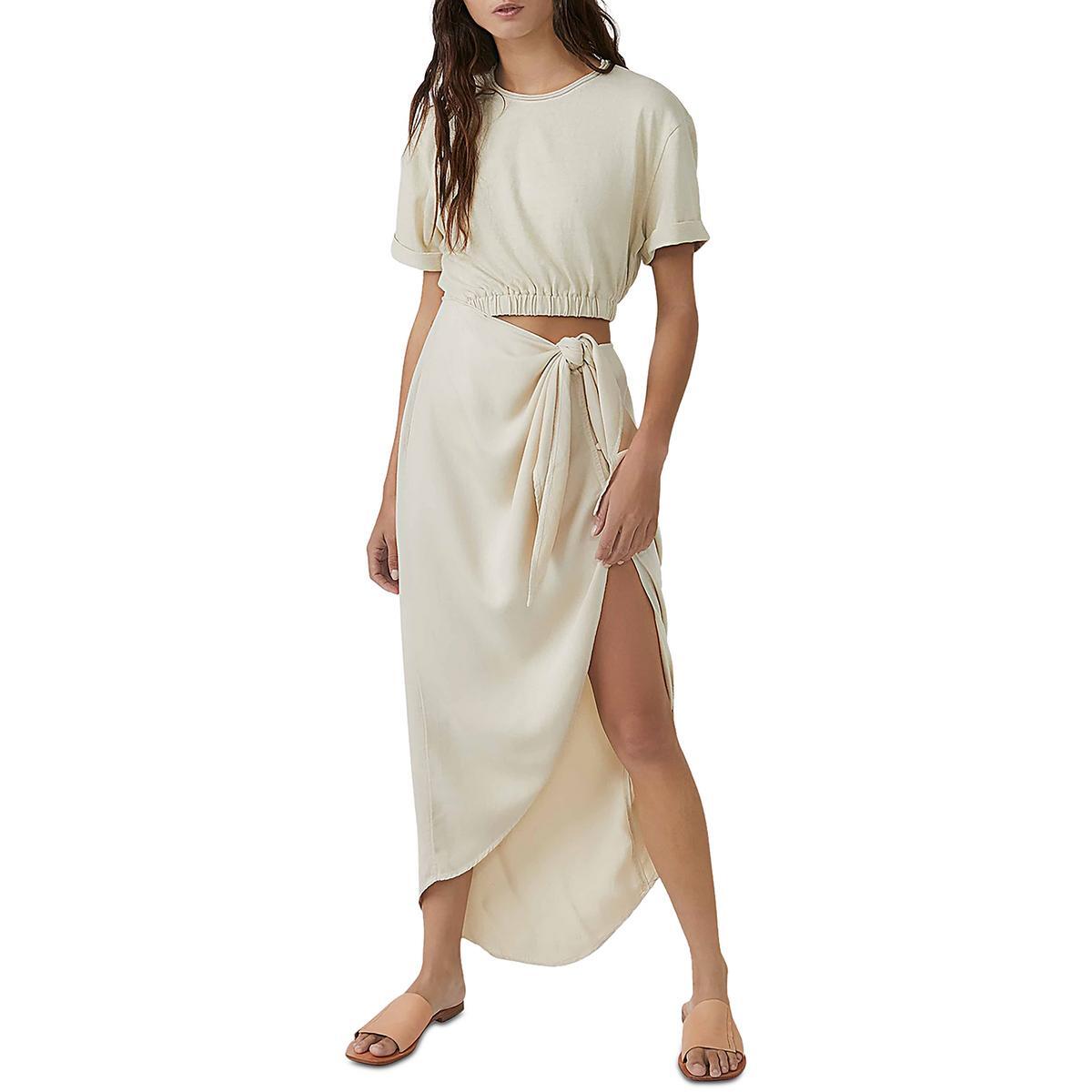 Женское бежевое платье макси с разрезом по низу и коротким рукавом Free People M BHFO 3935