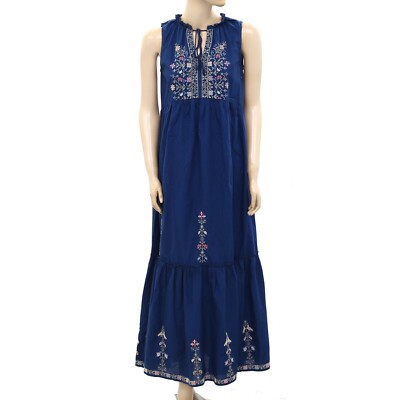 Odd Molly Anthropologie Floral Embroidered Long Maxi Dress Cotton Navy XS 255866