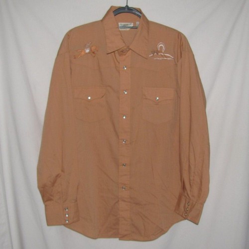 Mens Vintage Western Shirt Pearl Snap Embroidered Cowboy Covered Wagon Size XL