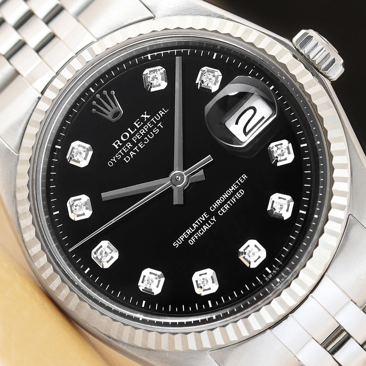 ROLEX MENS DATEJUST BLACK DIAMOND DIAL 18K WHITE GOLD STEEL WATCH