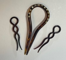 Antique Victorian Rhinestone Celluloid Hair Comb Pin Faux Tortoise Shell Set 3