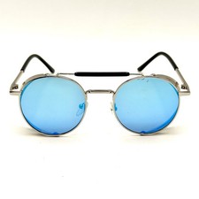 Gothic Steampunk Round Sunglasses Silver Black Designer Frame Mirrored Lens