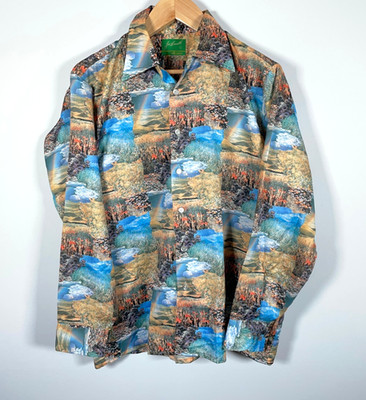 70s Joe Namath Arrow Shirt Men's Large Scenic Nature Motif Dagger Collar Disco
