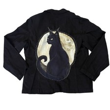 Vintage Upcycled Denim Jacket M Beaded Goth Black Cat Whimsical Statement 
