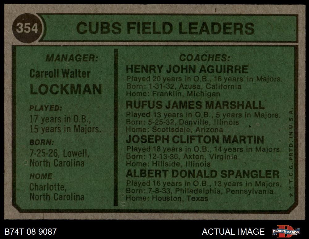 1974 Topps #354 Whitey Lockman Cubs Leaders MANAGER COACH 6.5 - EX/MT+ thumbnail 2