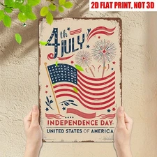 Vintage Tin Sign JULY 04 American Flag Patriotic Metal Sign Man Cave Wall Decor