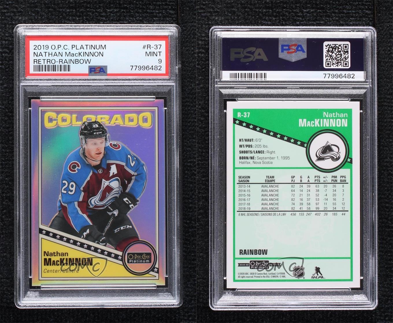 2019-20 O-Pee-Chee Platinum Retro Rainbow Nathan MacKinnon #R-37 09gn view 3