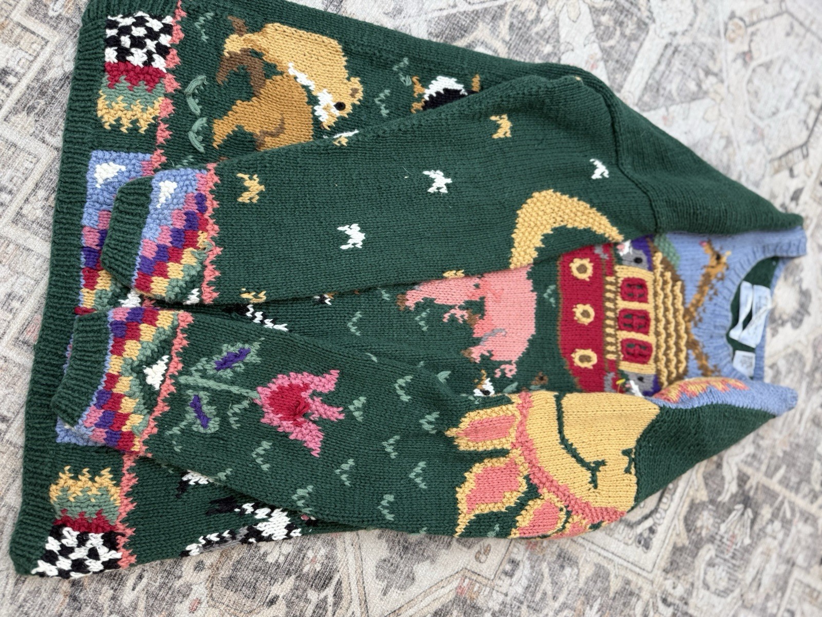 Vtg Signatures by Northern Isles Hand knit Sweater Women XL Green Noah's Ark image 4