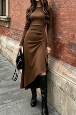 Women's Ruched Asymmetrical Hem Long Sleeve Dress