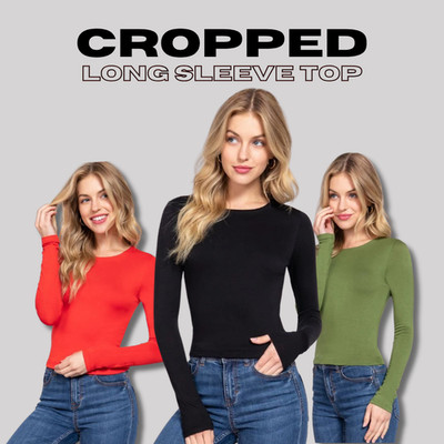 Women Double Layered Round Neck Long Sleeve Rayon Top Second Skin Fitted Cropped