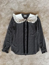 Saint Laurent Black and White Polka Dot 100% Silk Blouse with Ruffled Collar