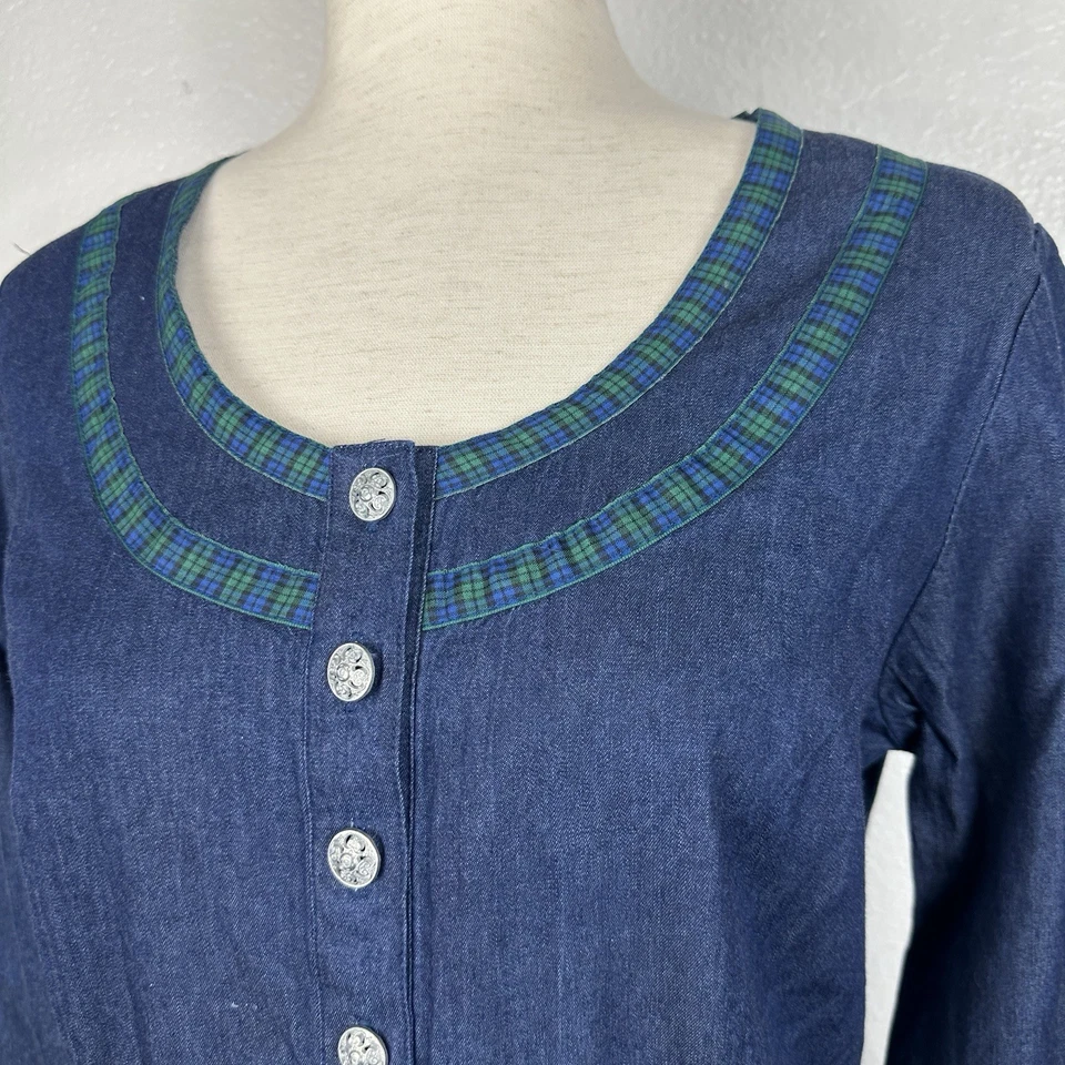 Lanz of Salzburg Dress Women Small Denim Plaid Trim Modest Button Down Peasant - Image 4 of 4