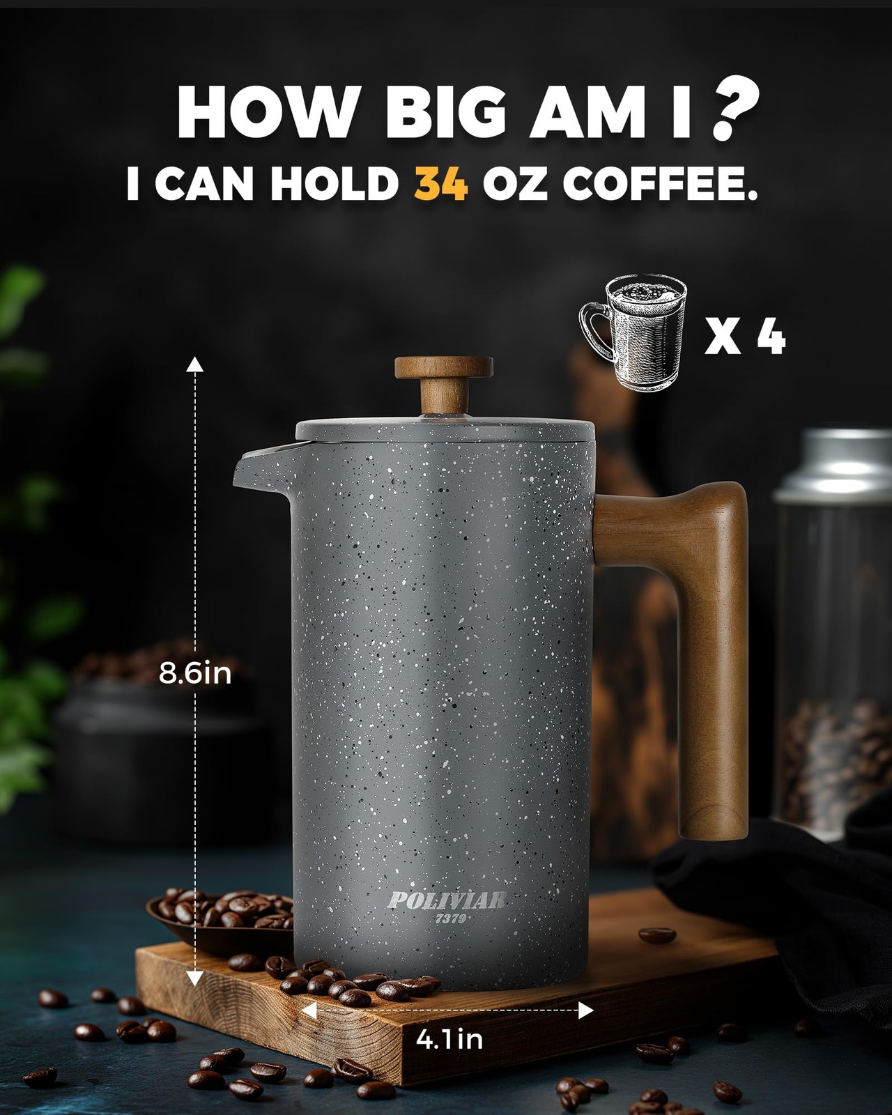 POLIVIAR French Press Coffee Maker 34 Ounce Coffee Press with Real Wood Handl