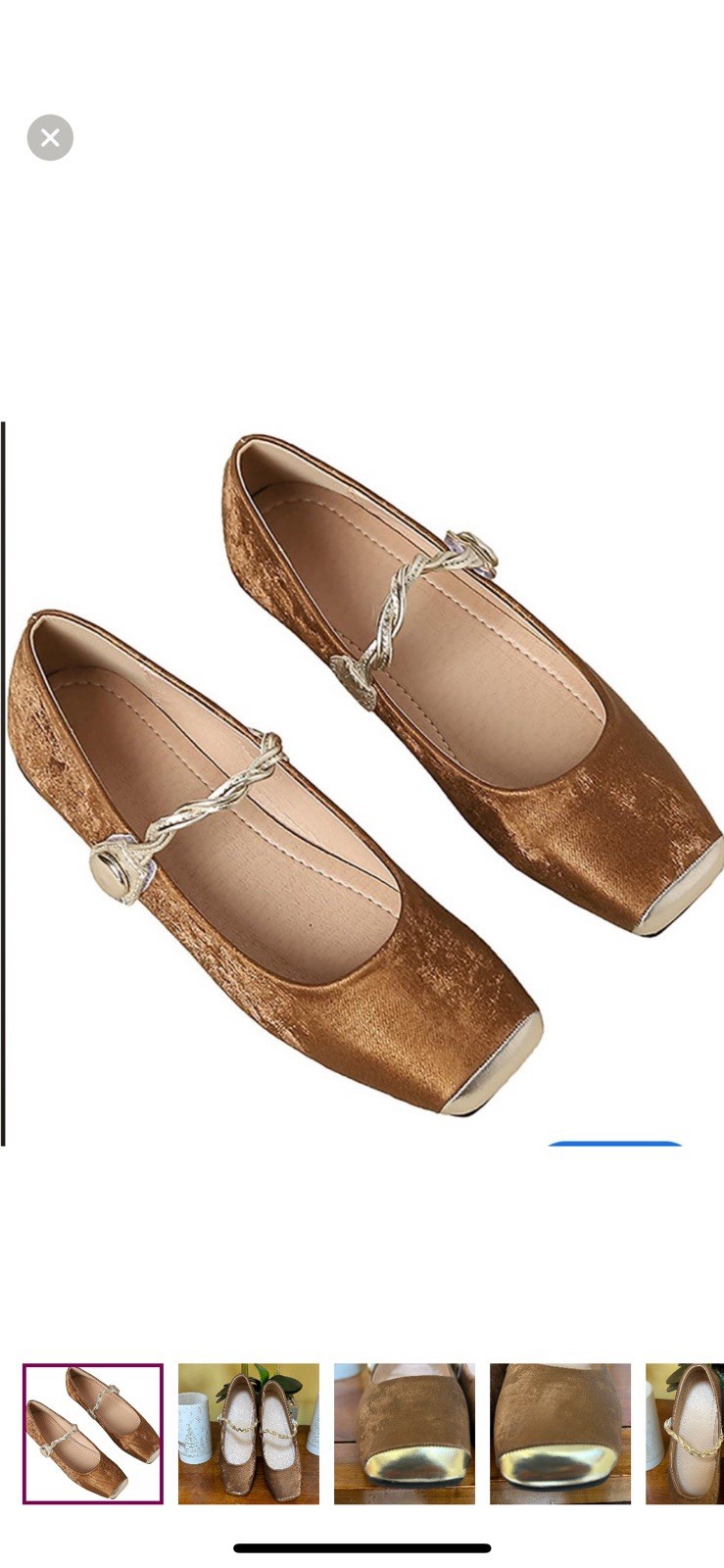 Ladies Comfort Satin Velvet Brown Gold Square Toe Mary Jane Flats Size 9/9.5