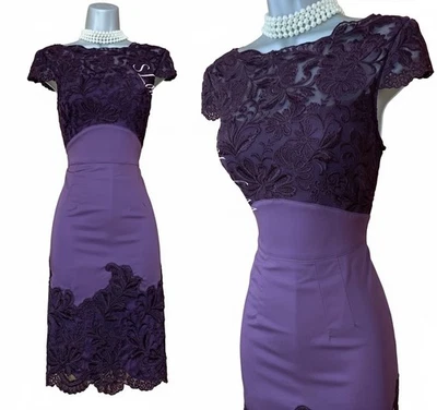 KAREN MILLEN Robe Col De Bateau En Dentelle Violet Cocktail 10 UK 38 - Photo 1/4