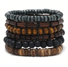 6PCS Wooden Beaded & Braided Leather Bracelets: Vintage Mens Fashion Armband