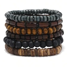 6PCS Wooden Beaded & Braided Leather Bracelets: Vintage Men’s Fashion Armband