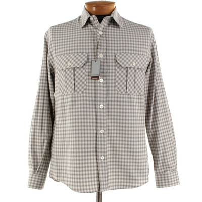 Canali NWT Cotton Relaxed Fit Overshirt Size Large In Beige & Gray Check